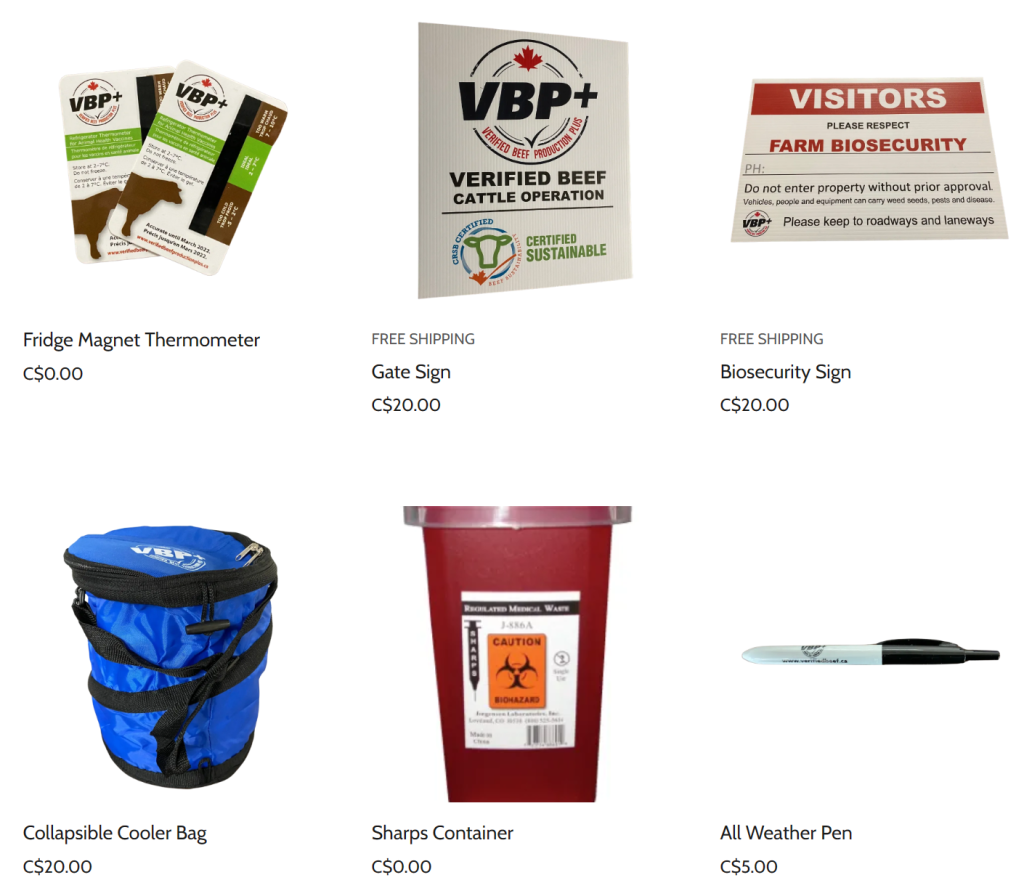 VBP+ biosecurity sign, gate sign, magnet thermometer, cooler bag, sharps container, all weather pen